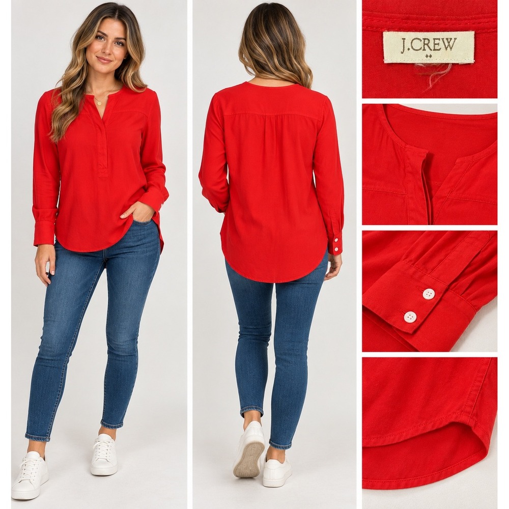 J.Crew Tunic Blouse Womens XS Red Minimalist Office Siren Split Neck Viscose